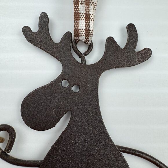 Metal Moose Christmas Ornament Primitive Rustic Brown Holding Star Country Decor - Picture 2 of 6